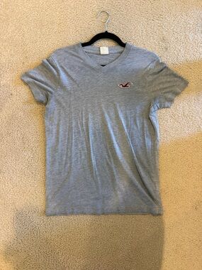 Hollister Light Gray V-Neck Tee with Red Logo